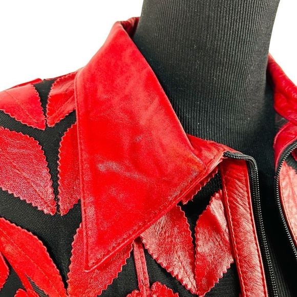 Natto Red Leather Leaf Jacket Blazer Sheer Mesh Classy Zip Front Soft Si… - Picture 6 of 10